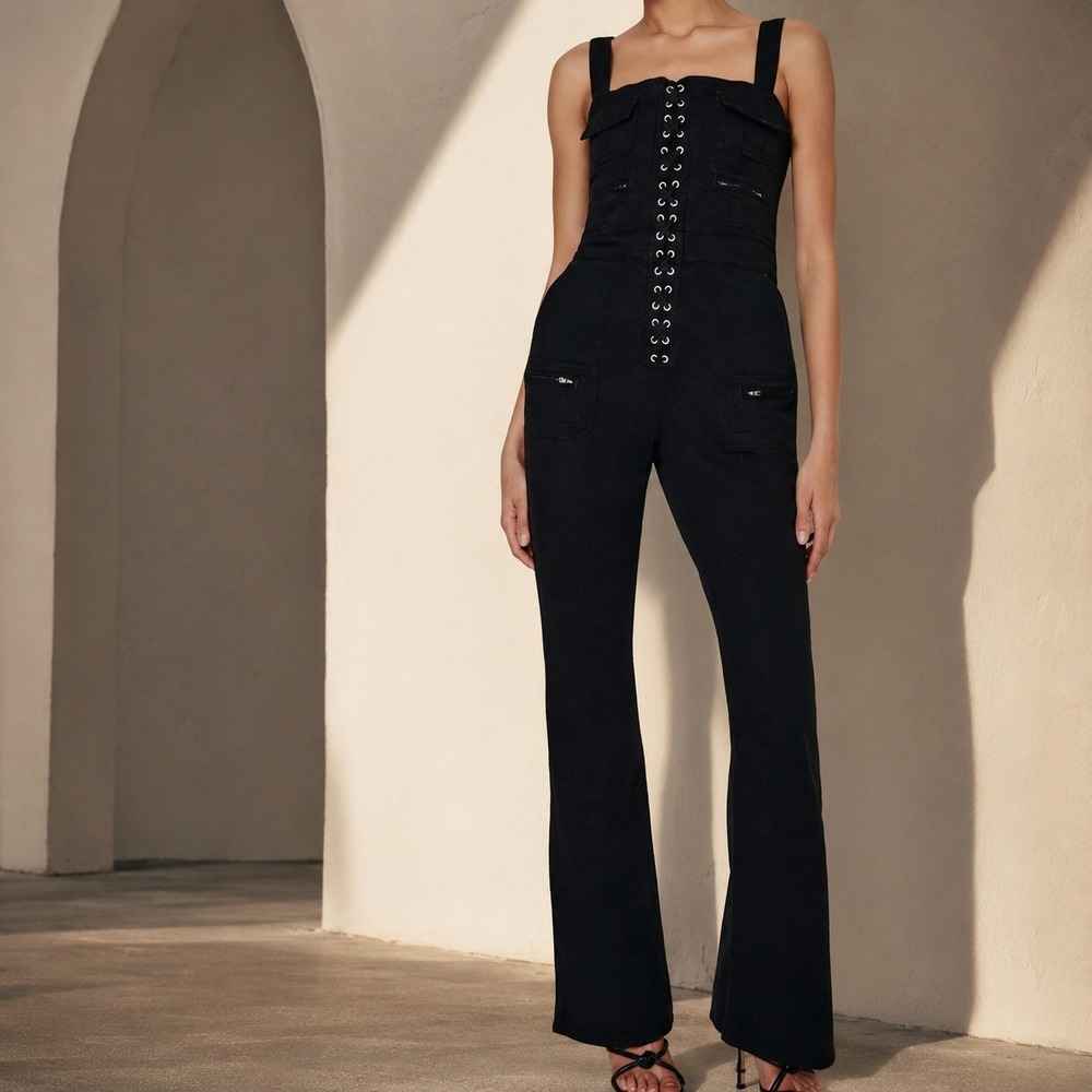Good American Cargo Tank Jumpsuit Black Lace-Up Corset Flare Leg Utility Sz S
